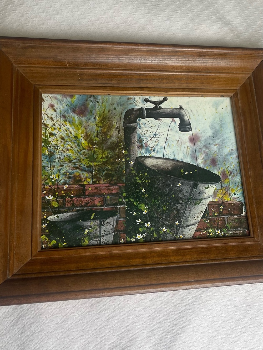 Rustic cottagecore Metal Bucket Wall Art - Brown Frame, Multicolor Print